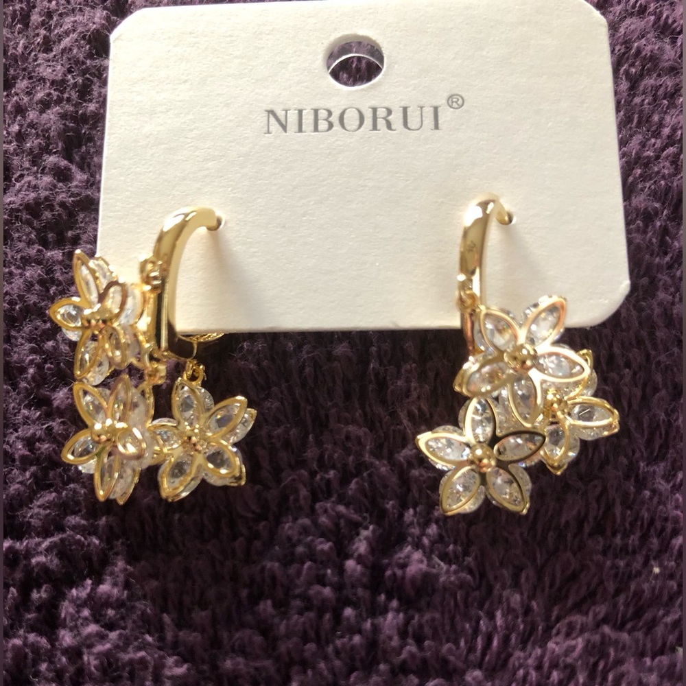 18k gold plated and crystal hoop flower dangle earrings by Vivori